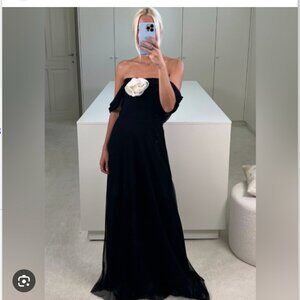 Bernadette Appliquéd Point D’espri Mesh Tulle Flower Black Maxi Gown Dress NEW